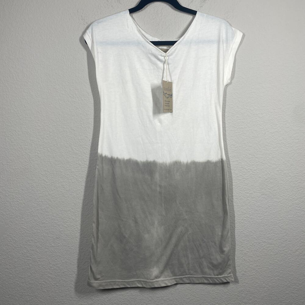 Tonlé XS T-Shirt Mini Dress White Tan Colorblock Cotton Crew Neck Short Sleeves